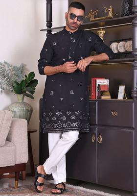 Black Embroidered Viscose Kurta Set For Men