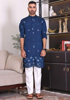Blue Embroidered Viscose Kurta Set For Men