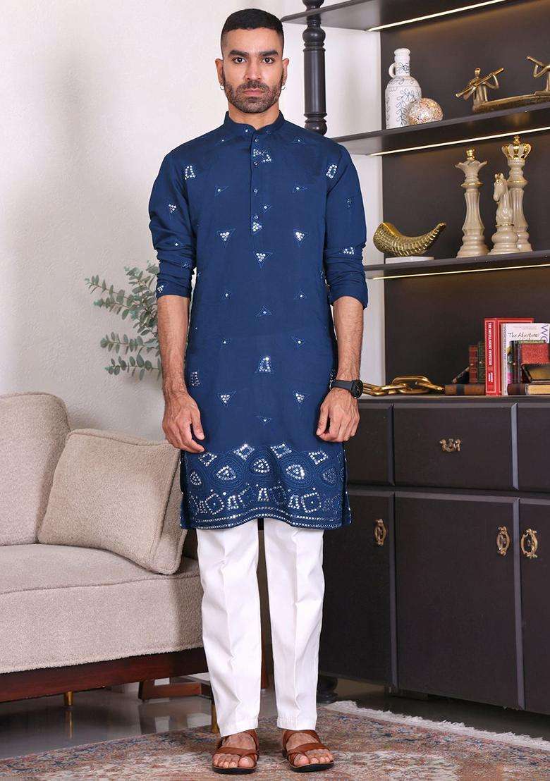 Blue Embroidered Viscose Kurta Set For Men - Indya
