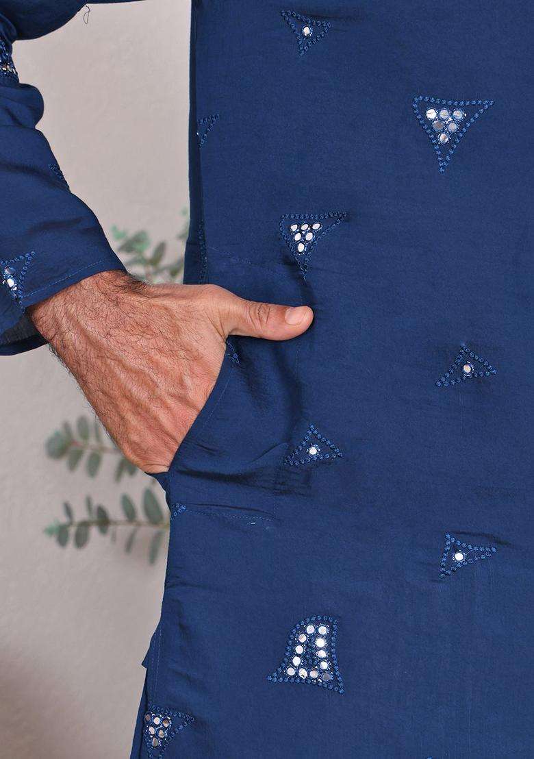 Blue Embroidered Viscose Kurta Set For Men - Indya