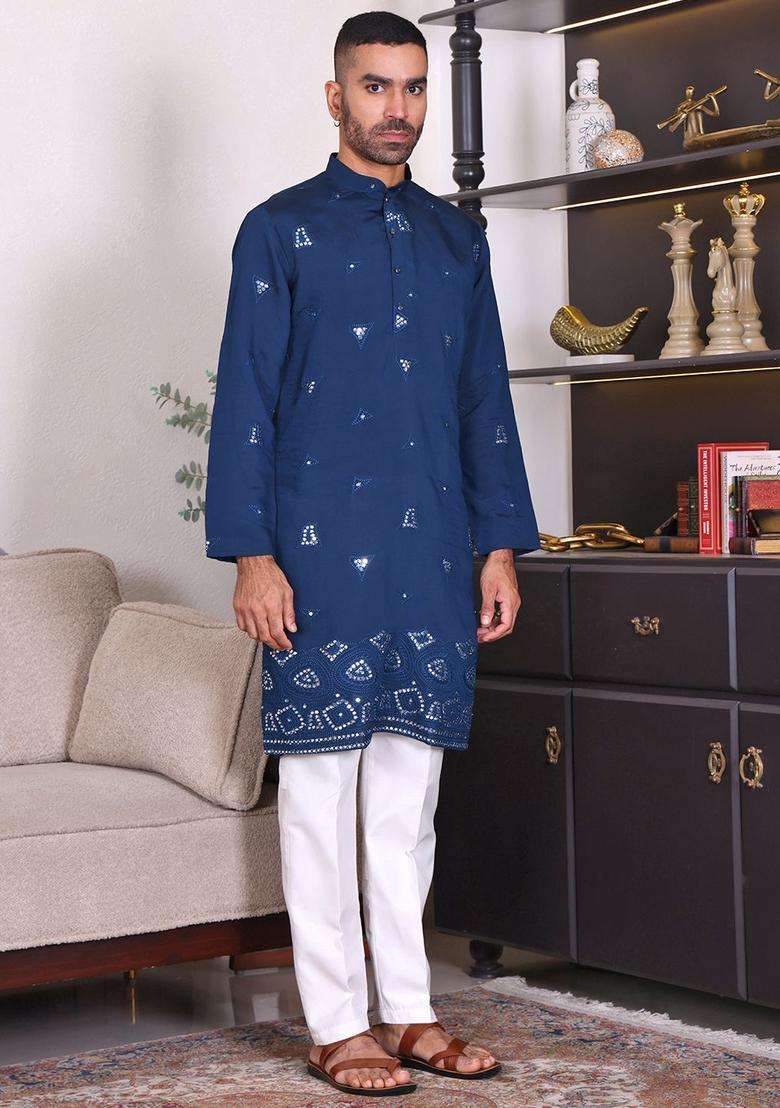 Blue Embroidered Viscose Kurta Set For Men - Indya