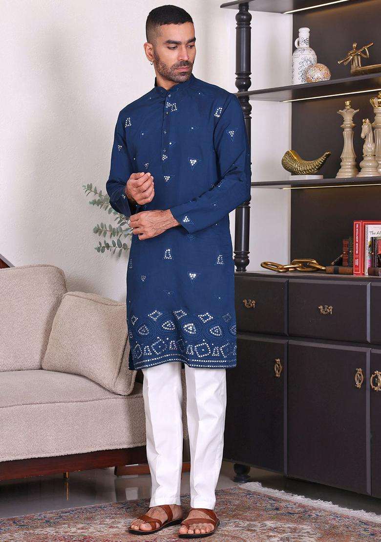 Blue Embroidered Viscose Kurta Set For Men - Indya