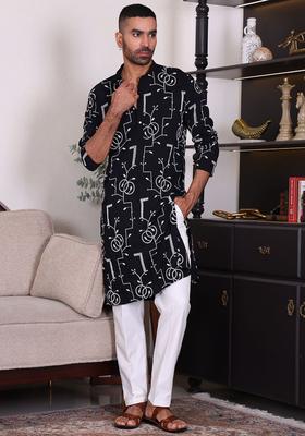 Black Embroidered Cotton Kurta Set For Men