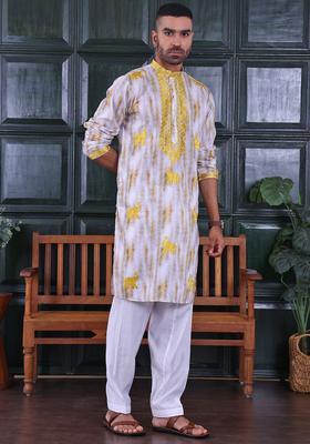 Yellow Embroidered Viscose Kurta Set For Men