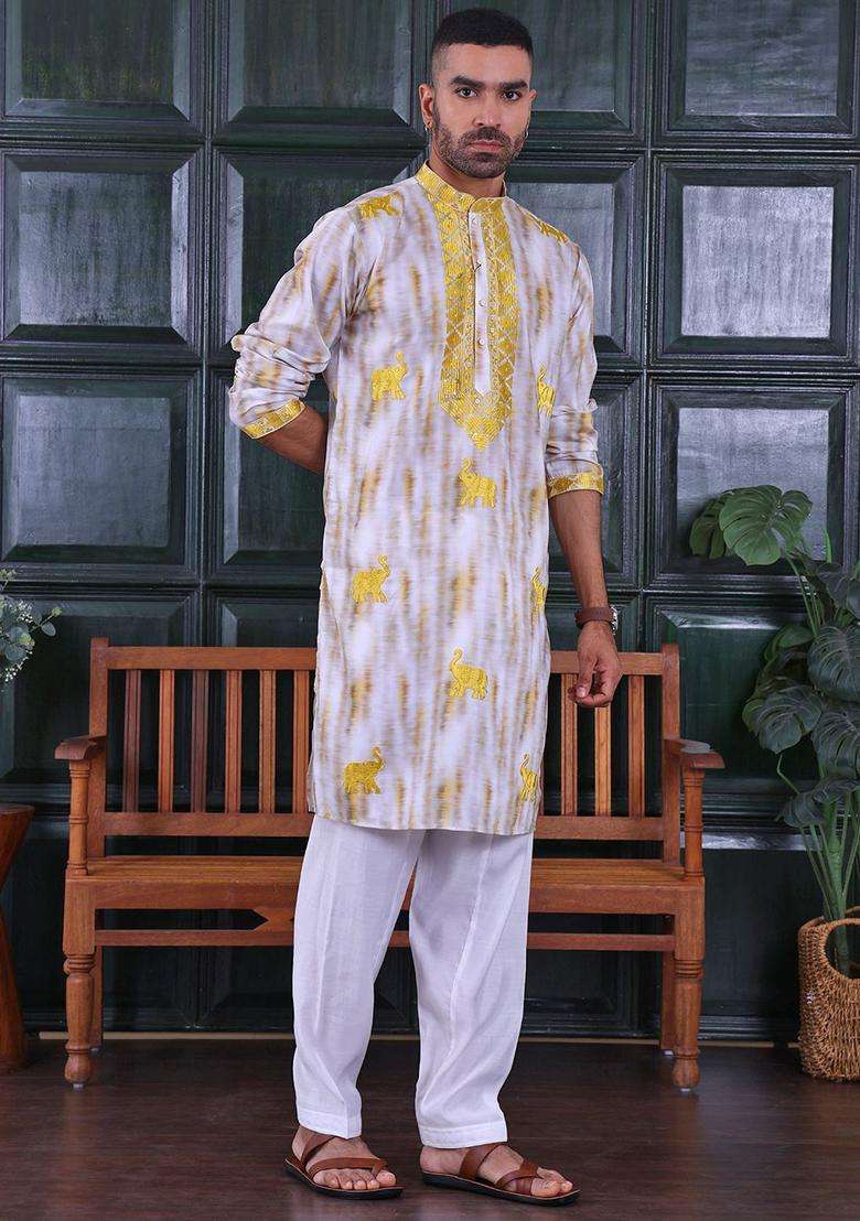 Yellow Embroidered Viscose Kurta Set For Men - Indya