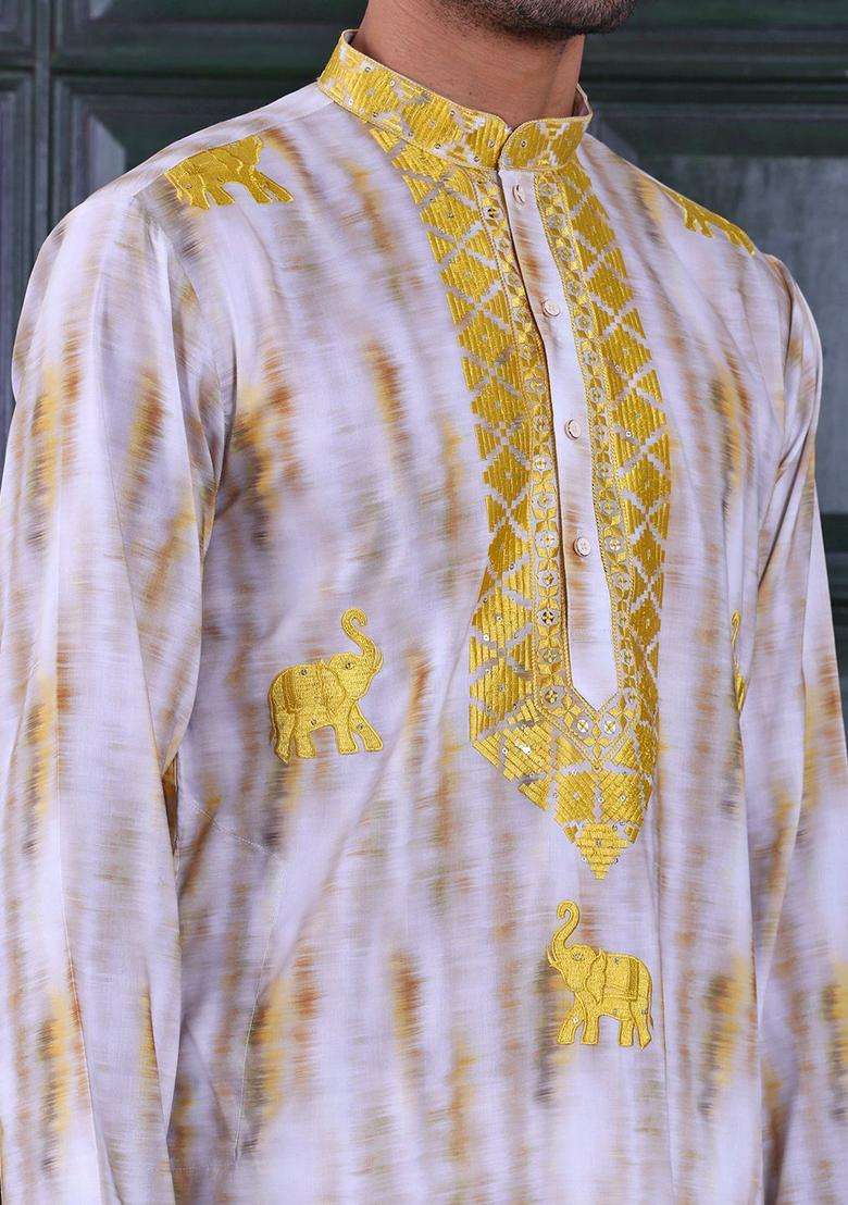 Yellow Embroidered Viscose Kurta Set For Men - Indya