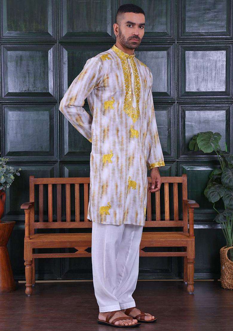 Yellow Embroidered Viscose Kurta Set For Men - Indya