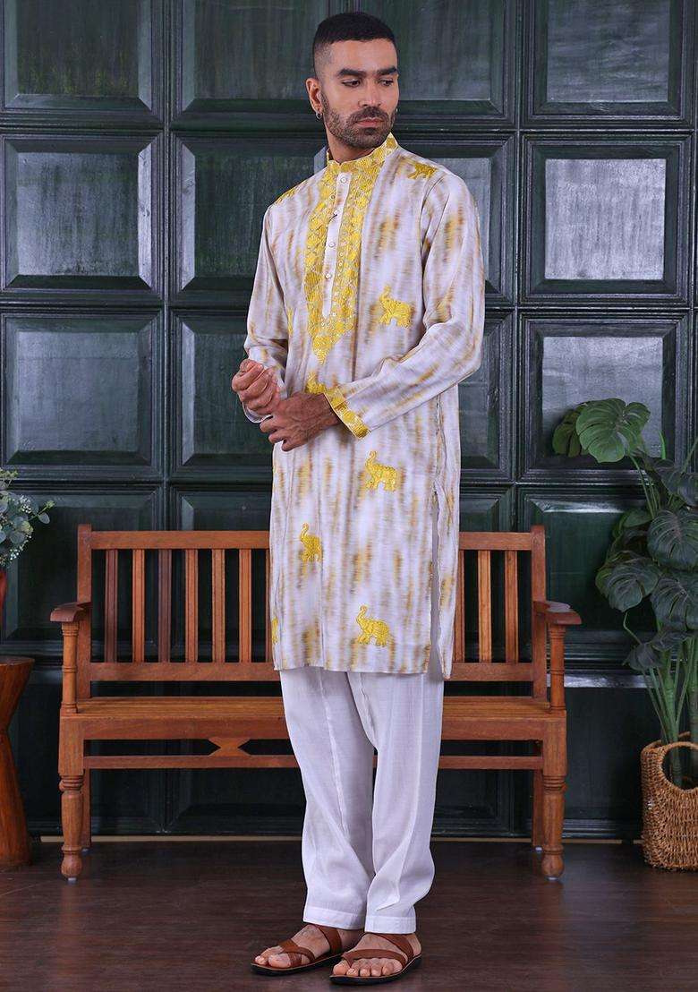 Yellow Embroidered Viscose Kurta Set For Men - Indya