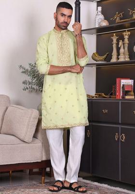 Green Embroidered Silk Kurta Set For Men