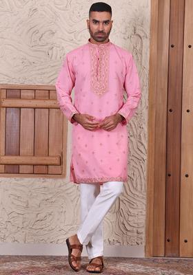Pink Embroidered Silk Kurta Set For Men