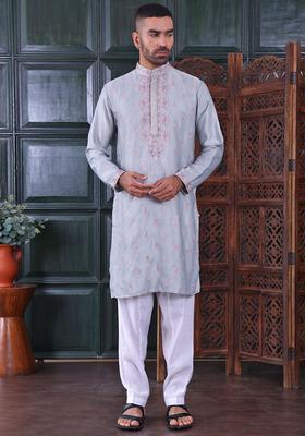 Grey Embroidered Viscose Kurta Set For Men