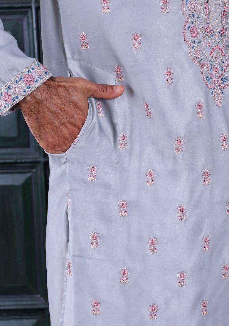 Grey Embroidered Viscose Kurta Set For Men - Indya