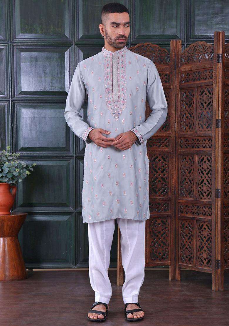 Grey Embroidered Viscose Kurta Set For Men - Indya