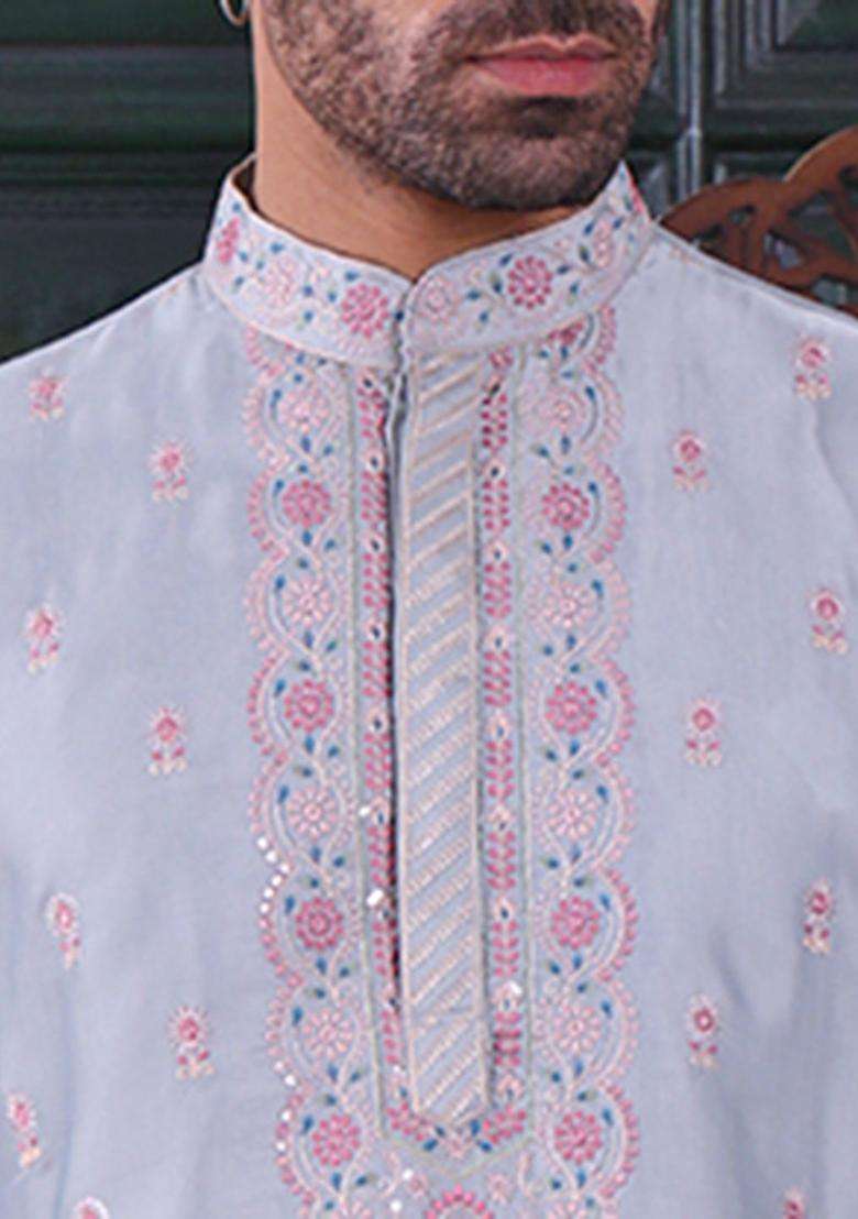 Grey Embroidered Viscose Kurta Set For Men - Indya