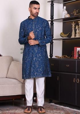 Blue Embroidered Cotton Kurta Set For Men