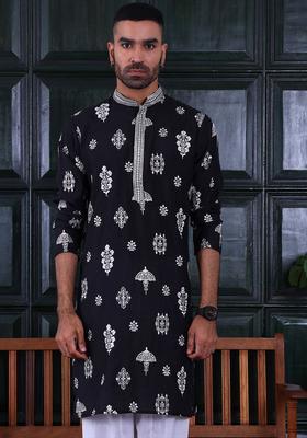 Black Embroidered Viscose Kurta Set For Men