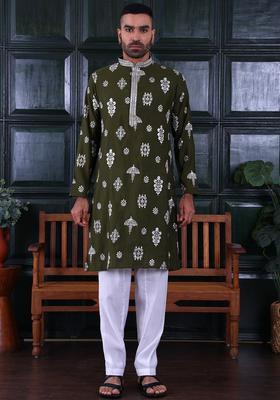 Black Embroidered Viscose Kurta Set For Men