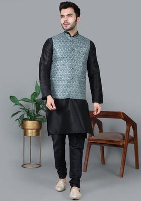 Black Solid Silk Kurta Set For Men