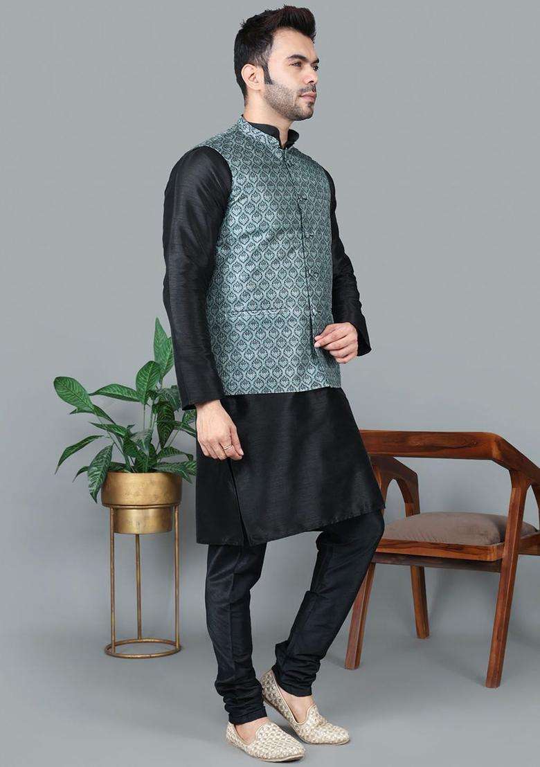 Black Solid Silk Blend Kurta Set For Men - Indya