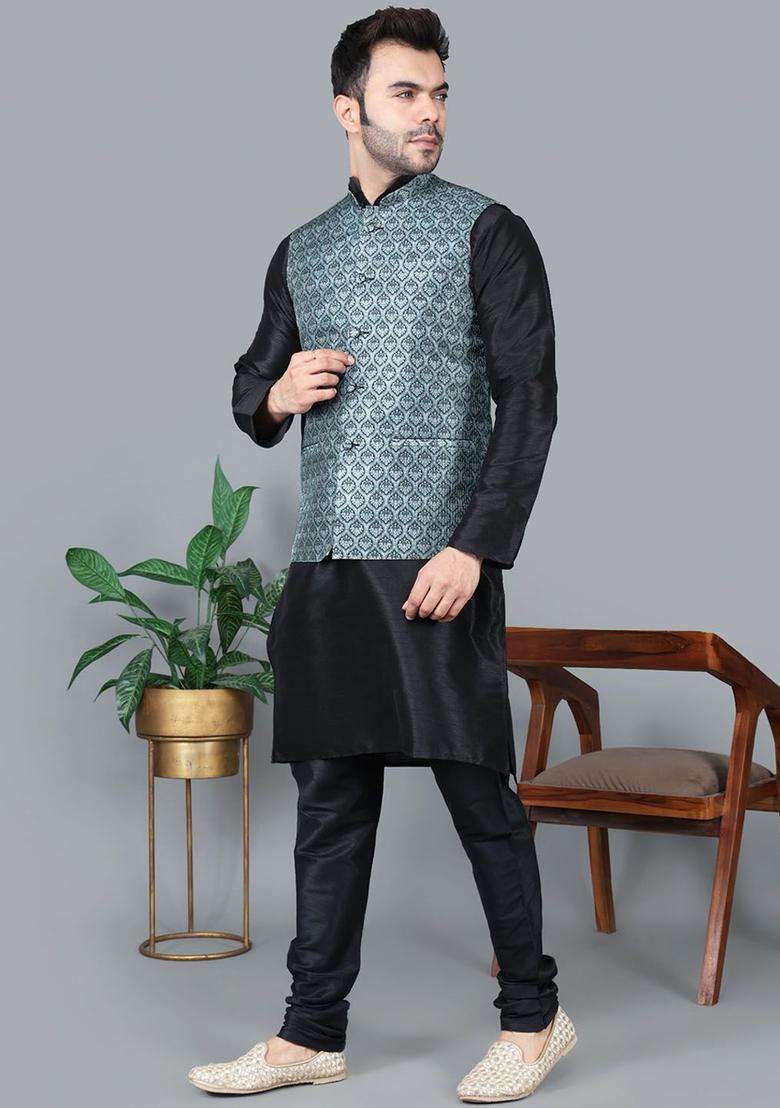 Black Solid Silk Blend Kurta Set For Men - Indya