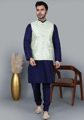 Navy Blue Solid Silk Kurta Set For Men