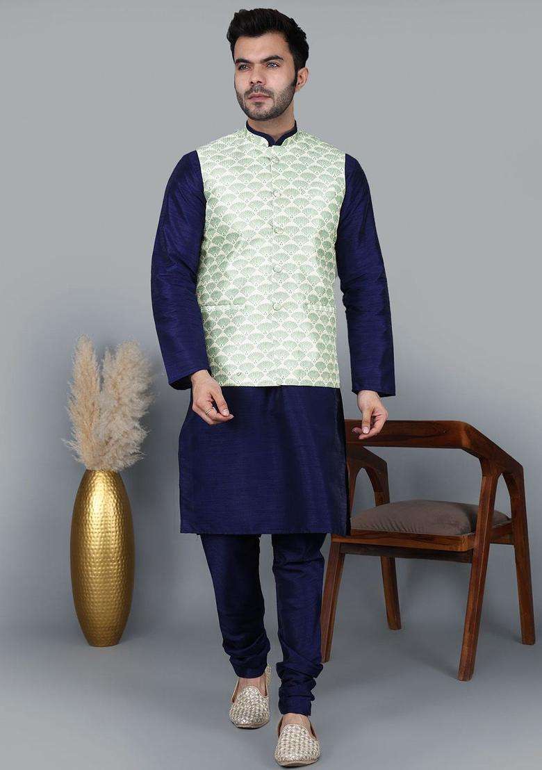 Navy Blue Solid Silk Blend Kurta Set For Men - Indya