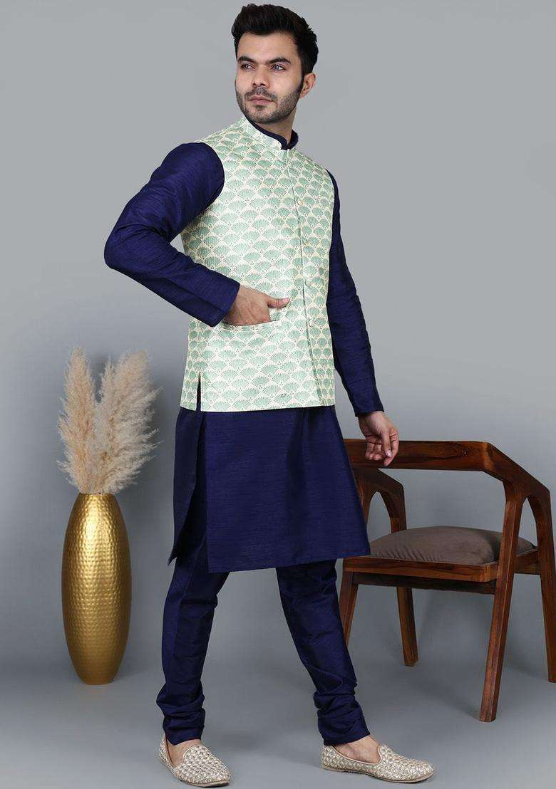 Navy Blue Solid Silk Blend Kurta Set For Men - Indya