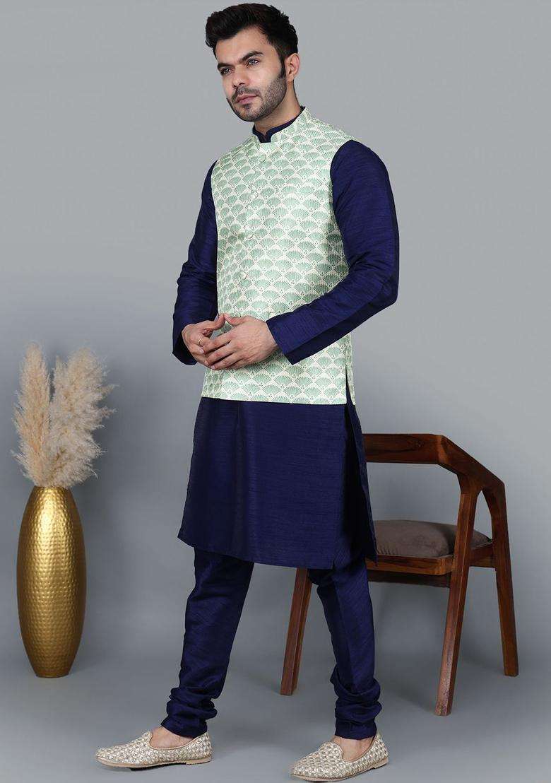 Navy Blue Solid Silk Blend Kurta Set For Men - Indya
