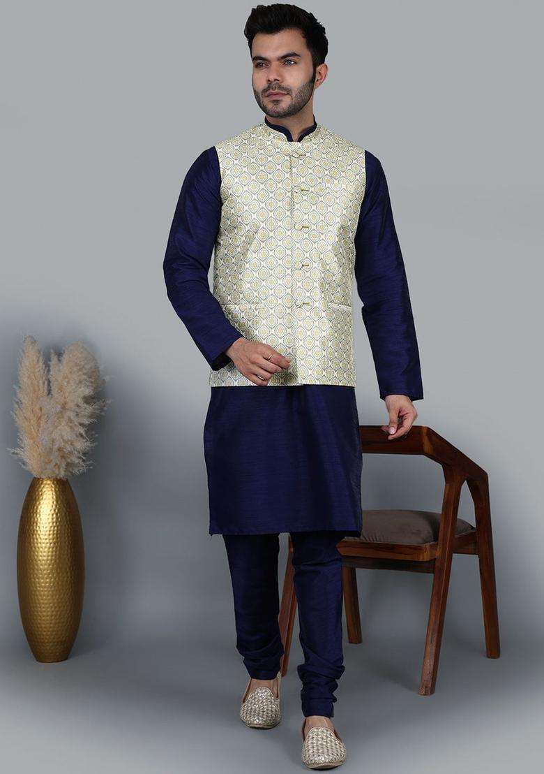 Blue Solid Silk Blend Kurta Set For Men - Indya