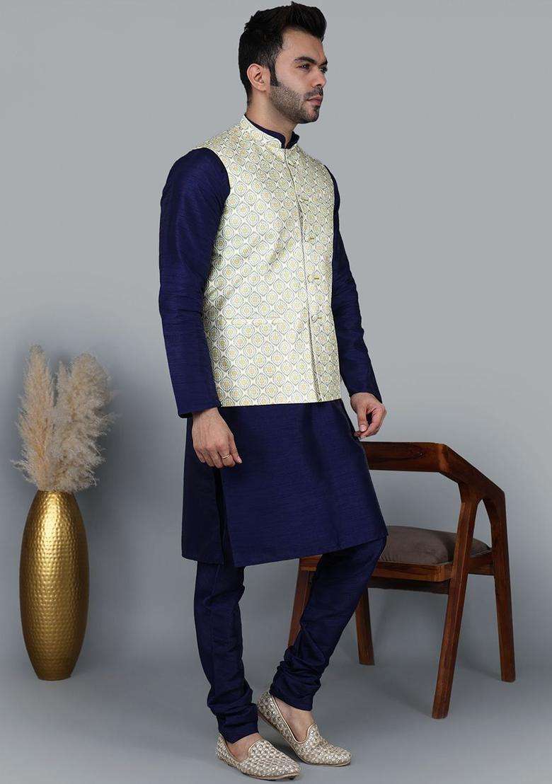 Blue Solid Silk Blend Kurta Set For Men - Indya