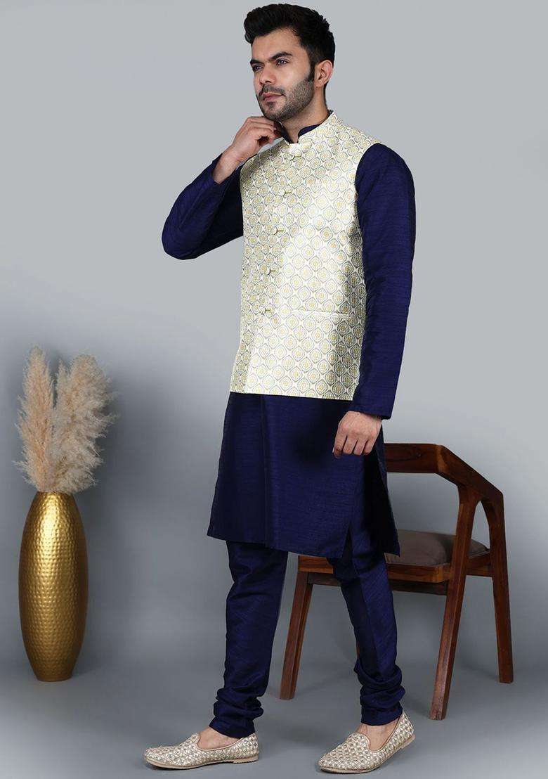 Blue Solid Silk Blend Kurta Set For Men - Indya