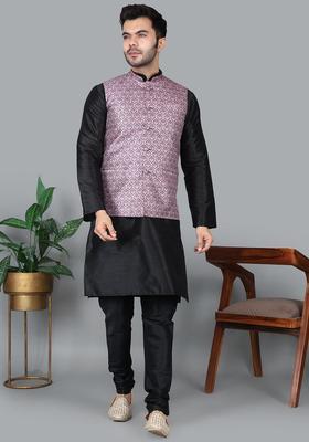 Black Solid Silk Kurta Set For Men