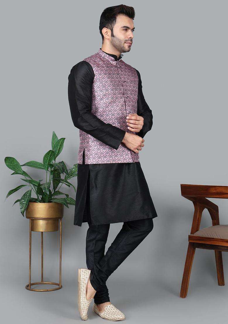 Black Solid Silk Blend Kurta Set For Men - Indya