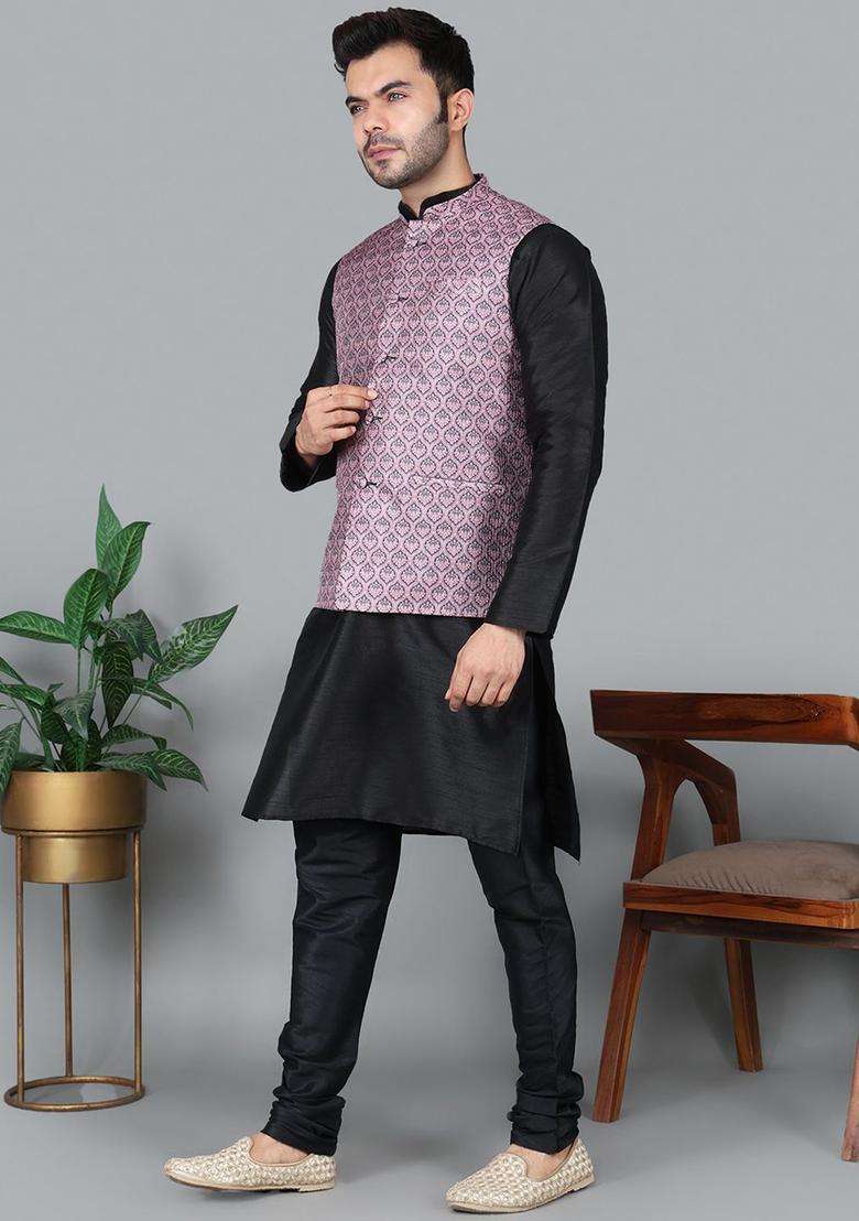 Black Solid Silk Blend Kurta Set For Men - Indya