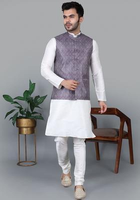 White Solid Silk Kurta Set For Men