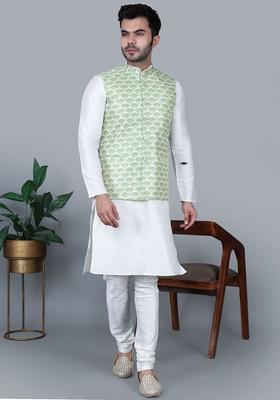 Cream Solid Silk Blend Kurta Set For Men