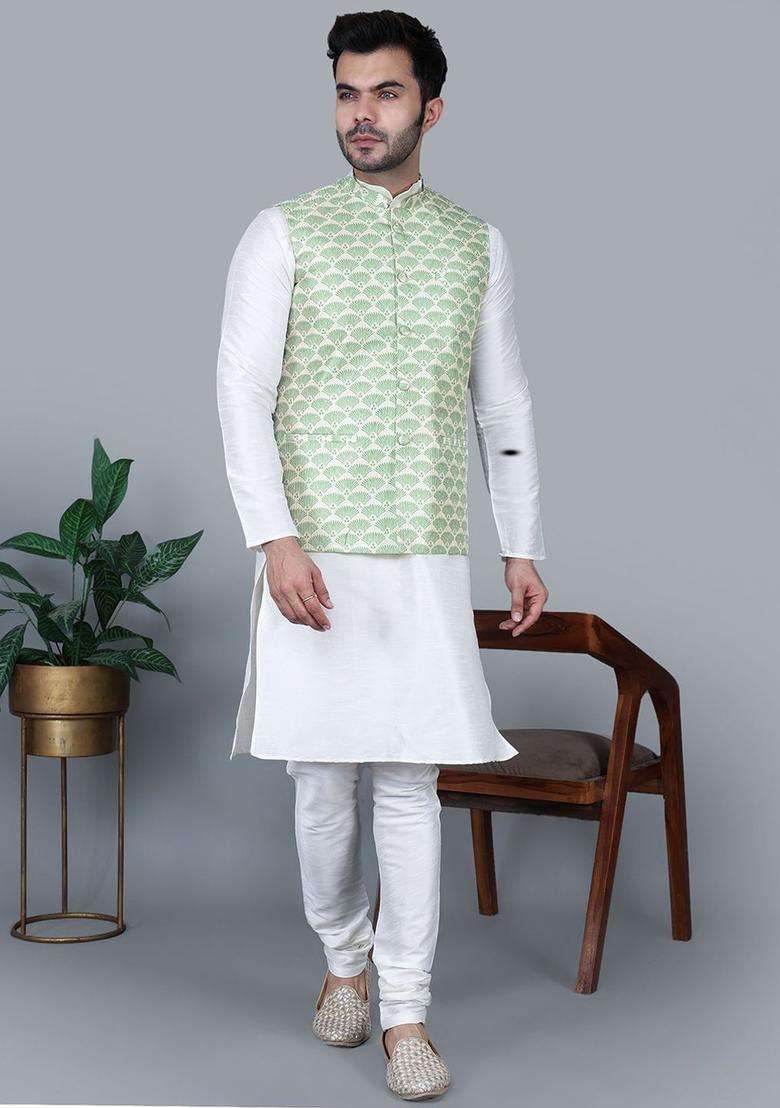 Cream Solid Silk Blend Kurta Set For Men - Indya