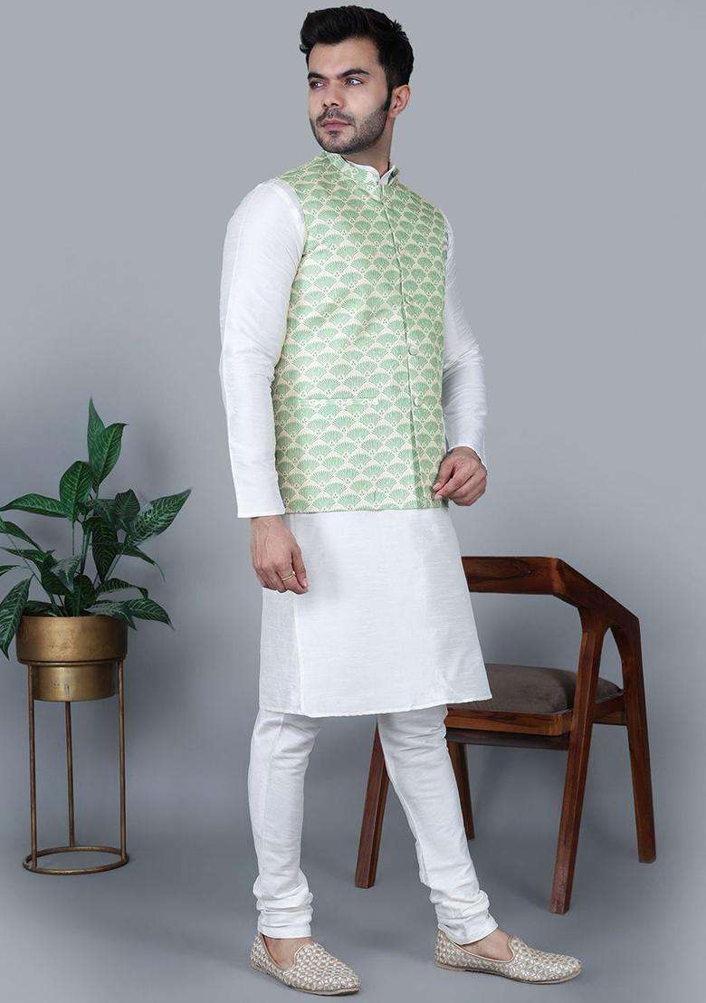 Cream Solid Silk Blend Kurta Set For Men - Indya