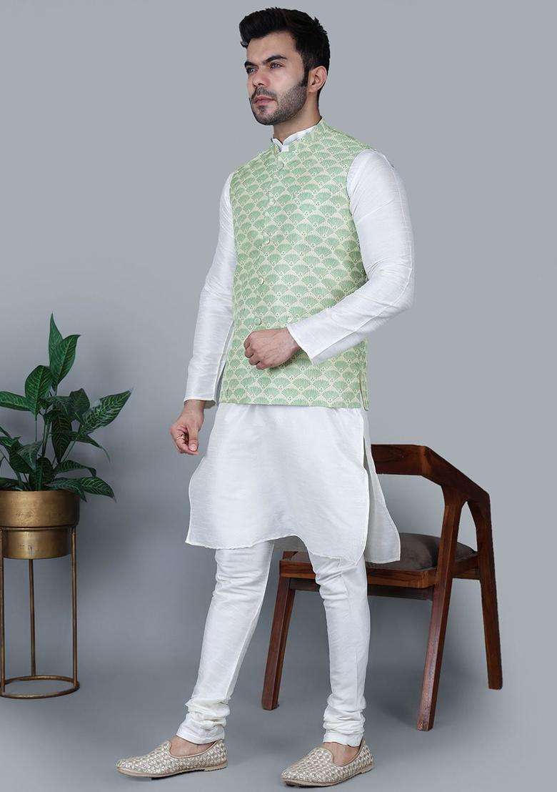 Cream Solid Silk Blend Kurta Set For Men - Indya