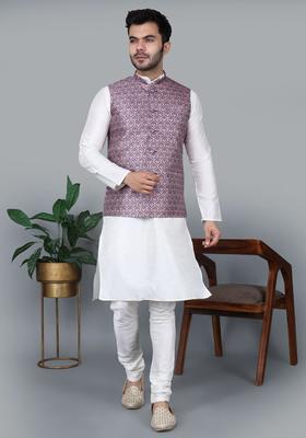 White Solid Silk Kurta Set For Men