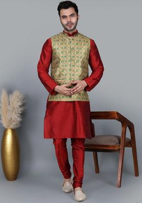 Maroon Solid Silk Kurta Set For Men