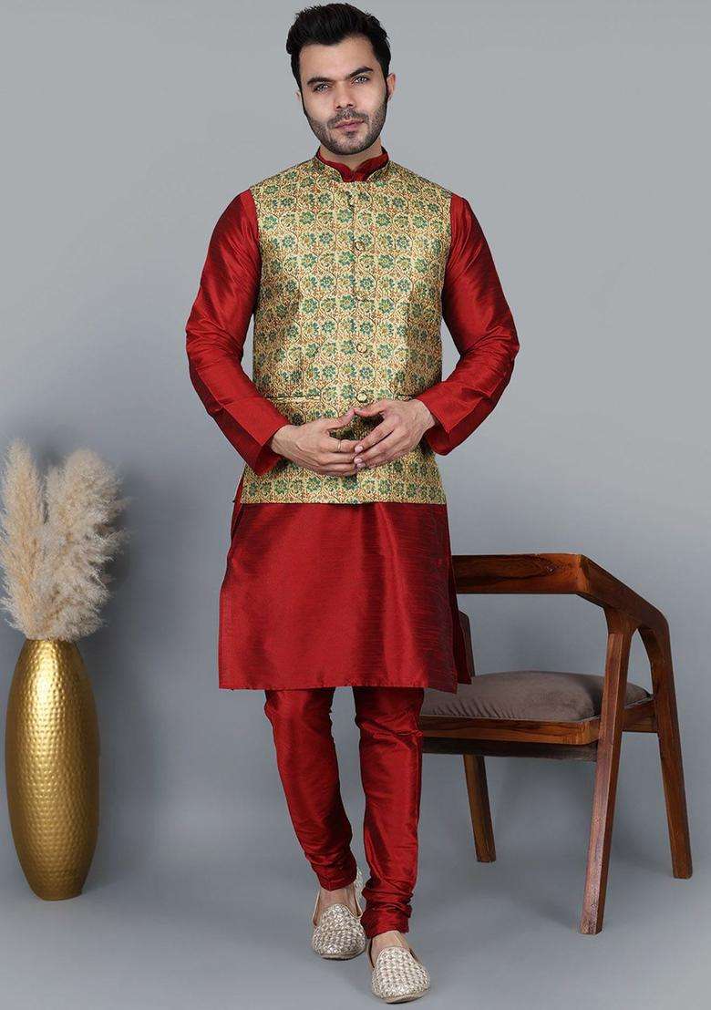 Maroon Solid Silk Blend Kurta Set For Men - Indya