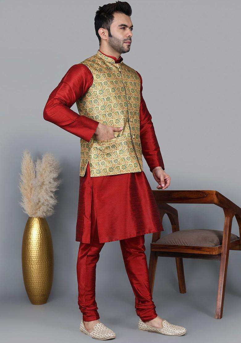 Maroon Solid Silk Blend Kurta Set For Men - Indya