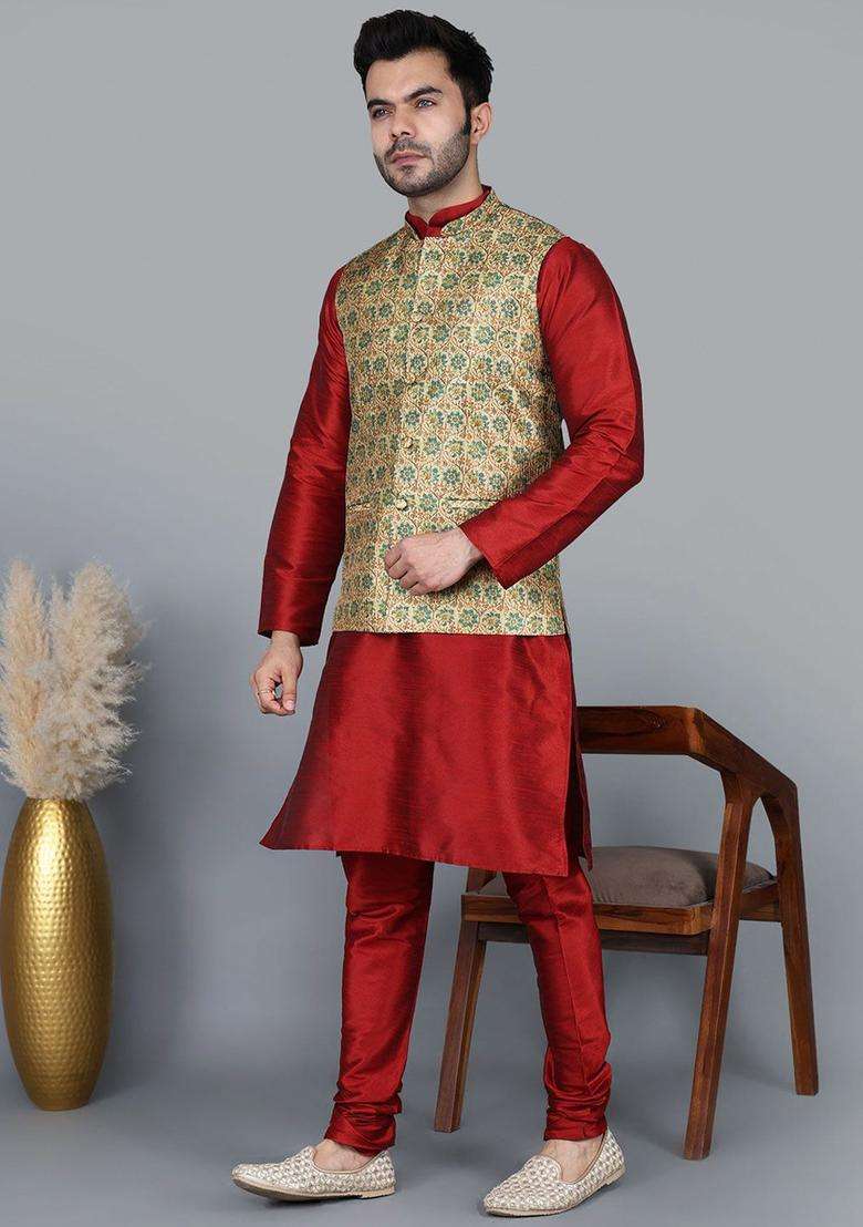 Maroon Solid Silk Blend Kurta Set For Men - Indya