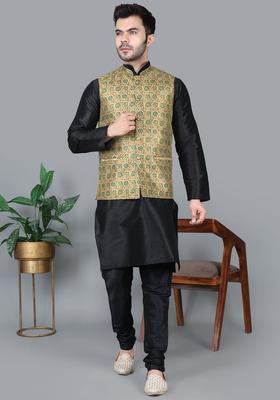 Black Solid Silk Kurta Set For Men