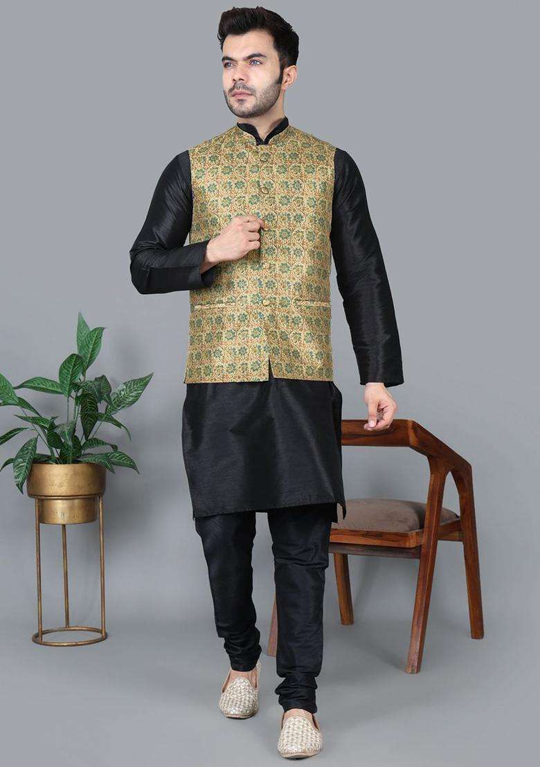 Black Solid Silk Blend Kurta Set For Men - Indya