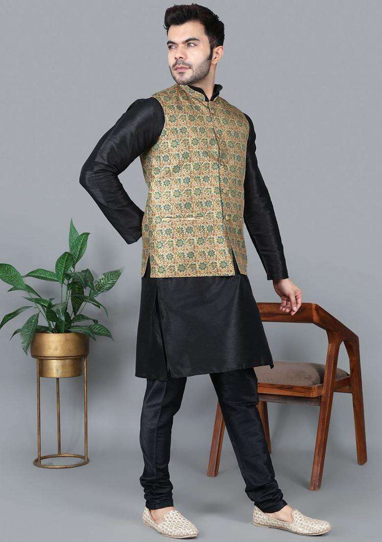 Black Solid Silk Blend Kurta Set For Men - Indya