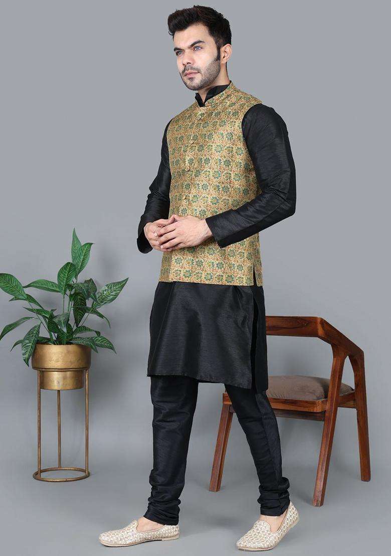 Black Solid Silk Blend Kurta Set For Men - Indya