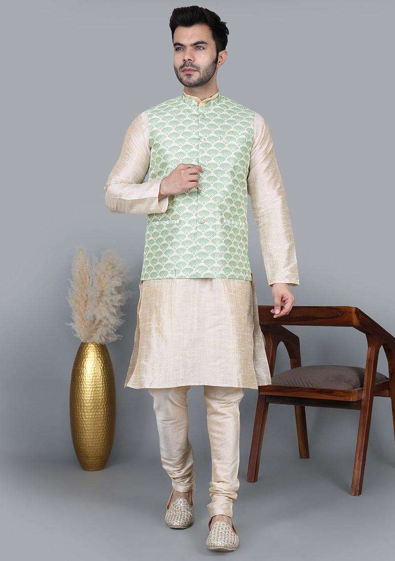 Beige Solid Silk Blend Kurta Set For Men - Indya