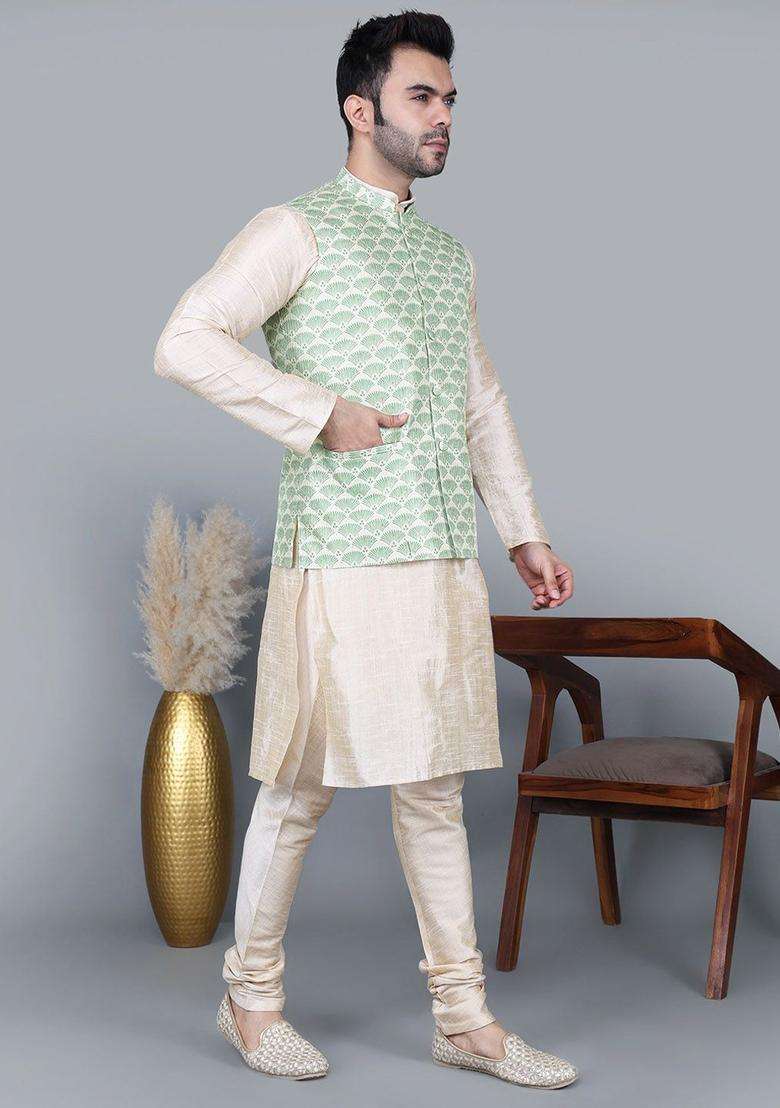 Beige Solid Silk Blend Kurta Set For Men - Indya